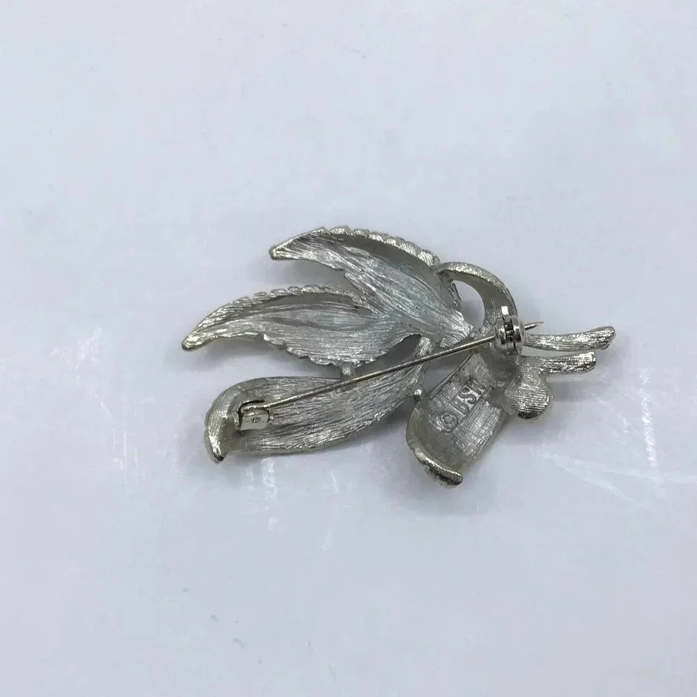 Vintage 1950s BSK Woolworth's Brooch Pin Silver Tone Leaves Feathers Faux Pearl - Picture 10 of 11